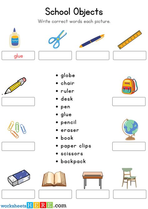 Look at The Picture and Write Correct School Objects Names PDF Worksheet For Kindergarten - WorksheetsHere.com Name The Picture Worksheet, Copy The Picture Worksheet, Match Sentence To Picture Worksheets, Identifying Objects Worksheet, Practicing Names In Kindergarten, School Objects, Classroom Objects, Worksheet For Kindergarten, Computer Paper