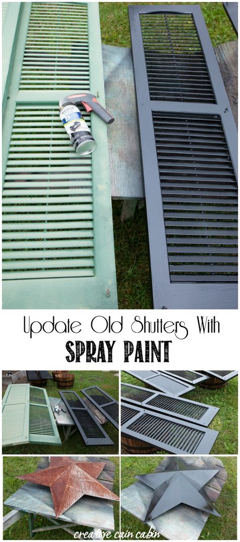 Why Purchase New House Shutters When You Can Update Them Using Spray Paint for Under $20. Spray Paint Can Change The Look of The Whole Home and Give It a Fresh New Look. CreativeCainCabin.com Painting Shutters Black, Paint Shutters On House Diy, Update Shutters On House, Spray Paint Shutters, Painting Shutters On House, Shutter Update, House Shutters Ideas, Shutter Makeover, Paint Shutters