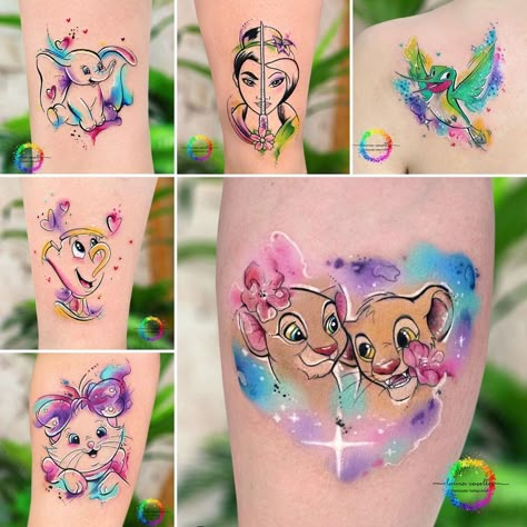 Pretty Disney Tattoos, Disney Theme Tattoos, Disney Color Tattoos, Tattooed Disney Characters, Disney Sleeve Tattoo For Women, Minimal Disney Tattoo, Disney Tattoo Color, Mini Disney Tattoos, Watercolor Tattoo For Women Unique