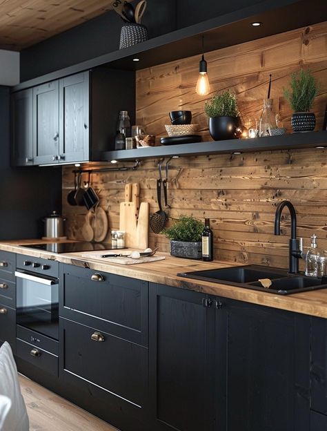 Black One Wall Kitchen, Black Cabinets Granite Countertops, Nice Kitchen Aesthetic, Black Country House Interior, House Interior Industrial, Big Cottage Kitchen, Black Cupboards Butcher Block Counter, Modern Remodel Ideas, Black Homes With Wood Accents