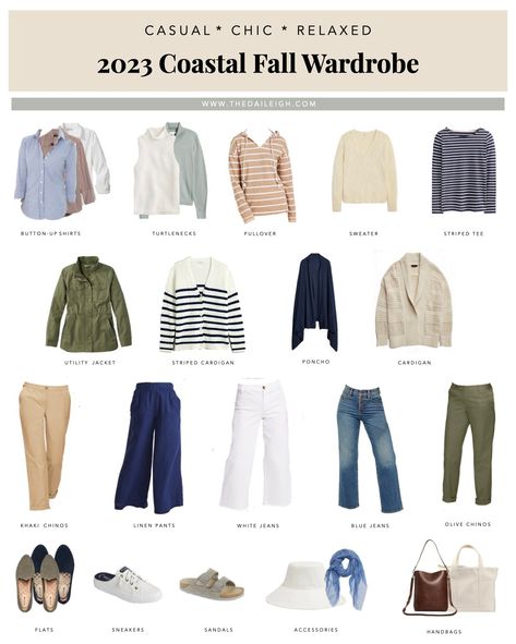 Coastal Fall Capsule Wardrobe 2023 Coastal Fall Capsule Wardrobe, Coastal Grandma Capsule Wardrobe, Coastal Grandma Fall Outfits, Coastal Fall Outfits, Coastal Grandma Outfits, Mum Wardrobe, Fall Capsule Wardrobe 2023, Fall Beach Outfits, Capsule Wardrobe 2023