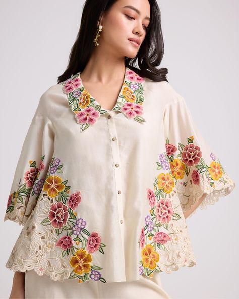 IVORY FLORAL CUTWORK SHIRT Eid 2024, Floral Cutwork, Prints Inspiration, Floral Embroidered Shirt, Fashion Illustration Collage, Fancy Shirt, Stitching Ideas, Emb Designs, Cutwork Embroidery