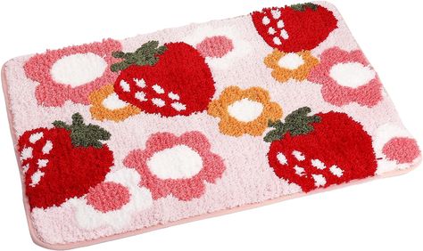 Strawberry Bathroom, Pink Bathroom Rugs, Cute Door Mats, Fun Bathroom Decor, Flower Bath Mat, Garage Floor Mats, Cute Bathroom, Office Mats, Rug For Bathroom