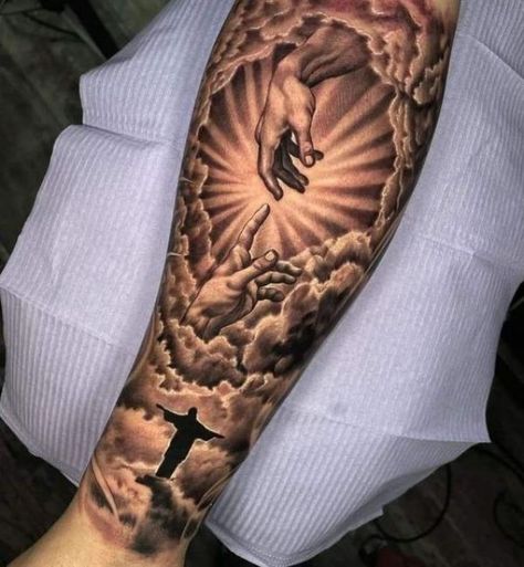 Adam hands in clouds with halo forearm tattoo Hand Of God Tattoo, The Creation Of Adam Tattoo, Jesus Forearm Tattoo, Jesus Hand Tattoo, Michelangelo Tattoo, Creation Of Adam Tattoo, Stairway To Heaven Tattoo, Adam Tattoo, Christus Tattoo