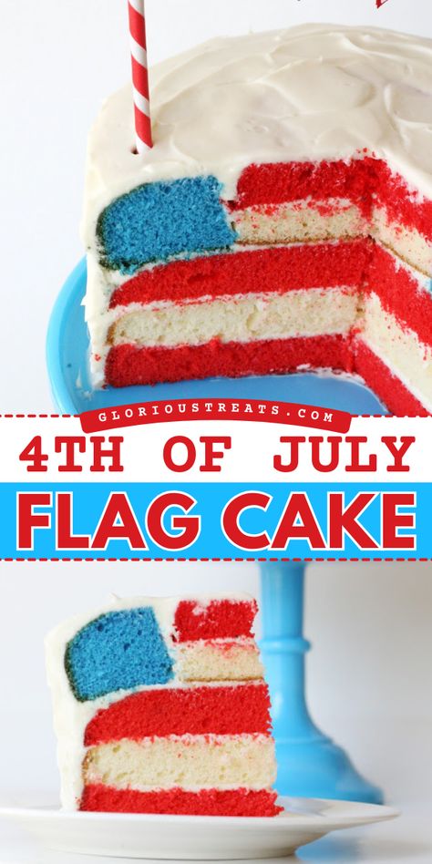 Need a simple 4th of July dessert? Bake up this patriotic cake! It's an easy 4th of July recipe using vanilla cake and vanilla frosting. With layers of red, white, and blue, this American flag cake is fun and festive! Save this 4th of July cake idea! 4th Of July Flag Cake, Red White Blue Cake, Flag Cake Recipe, American Flag Cake, 4th Of July Dessert, Patriotic Cake, Fourth Of July Cakes, Flag Cake, Patriotic Desserts