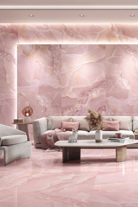 Marble Floor Living Room, Marble Living Room, Tiles Living Room, Onyx Tile, Gold Shower Curtain, Gold Shower, House Extension Design, Pink Tiles, Secret Rooms