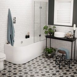 Scintilla Black Tiles Freestanding Bath With Shower, Shower Over Bath, Corner Bath, Pall Mall, Bath Screens, Upstairs Bathrooms, Bathroom Floor Tiles, Family Bathroom, Shower Door