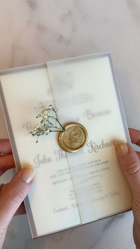 Antique Gold Wax seal and baby's breath on a custom folded invitation.    Custom and semi-custom designed wedding invitations for your wedding or next event. Click to see more original designs. www.brownfoxcreative.com   #customweddinginvitation #customweddinginvitations #babysbreath #antiquegoldwedding Dried Floral Wedding Invitations, Quarantine Wedding, Antique Wedding Invitations, Gold Wax Seal, Folded Invitation, Ivory Wedding Invitations, Wedding Directions, Folded Wedding Invitation, Custom Wedding Monogram