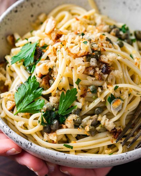 Lemon Caper Pasta, Homemade Breadcrumbs, Tomato Butter Sauce, Sip And Feast, Tomato Butter, Linguine Recipes, Pasta Water, Italian Pasta Recipes, Garlic Pasta