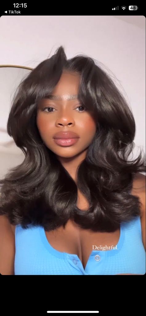 Long Layered Haircuts With Curtain Bangs Black Woman, Bra Length Haircut, Medium Length Blowout Black Women, Long Curtain Bangs Black Women, Layered Short Medium Hair, 90s Curls Black Women, Farah Fawcett Hair Black Women, 90s Blowout Wig, Short Layered Wig