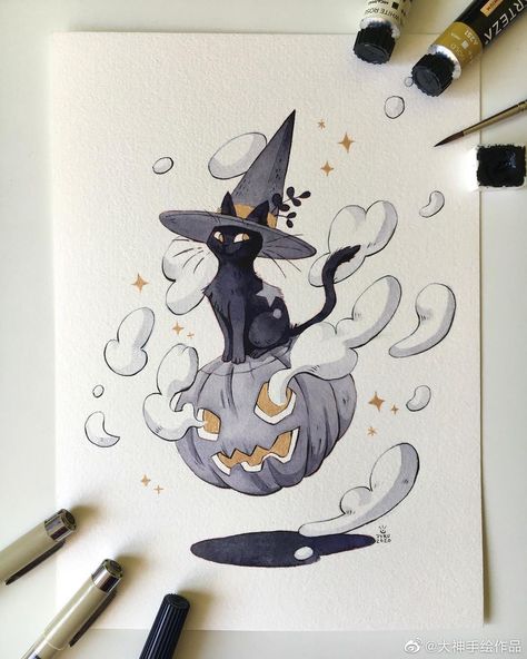 Character Art Ideas, Halloween Sketchbook, Tattoo Gato, Witch Drawing, Witches Hat, The Witches, Halloween Drawings, Witch Art, Art And Illustration