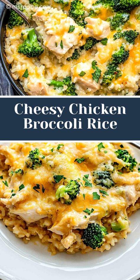 This creamy chicken broccoli rice casserole is topped with bubbling cheddar cheese. A cozy dish that’s full of flavor and easy to prepare! Cheesy Chicken Broccoli Rice Casserole, Cheesy Chicken Broccoli Rice, Ms Recipes, Cheesy Rice, Chicken Broccoli Rice Casserole, Yummy Casserole Recipes, Chicken Broccoli Rice, Broccoli Rice Casserole, Cheesy Chicken Broccoli