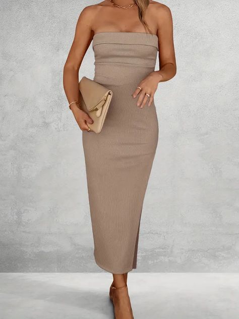 Solid Ribbed Bodycon Tube Dress Y2k Side Split Slim Dress - Temu Tube Midi Dress, Elegant Party Dresses, Dress Cake, Ribbed Dress, Bodycon Maxi Dresses, Khaki Dress, Hip Dress, Tube Dress, Club Dresses