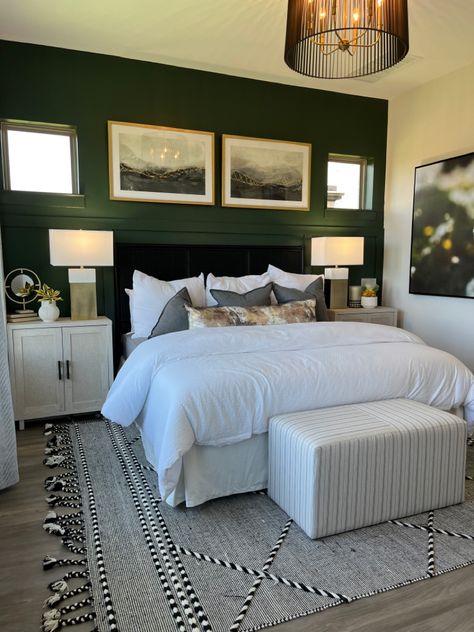 Emerald Green Primary Bedroom, Forest Edge Accent Wall, Jasper Green Bedroom, Cream And Forest Green Bedroom, Emerald Green Guest Bedroom, Dark Forest Green Accent Wall, Pine Green Accent Wall, Green Black Neutral Bedroom, Green Colored Bedroom