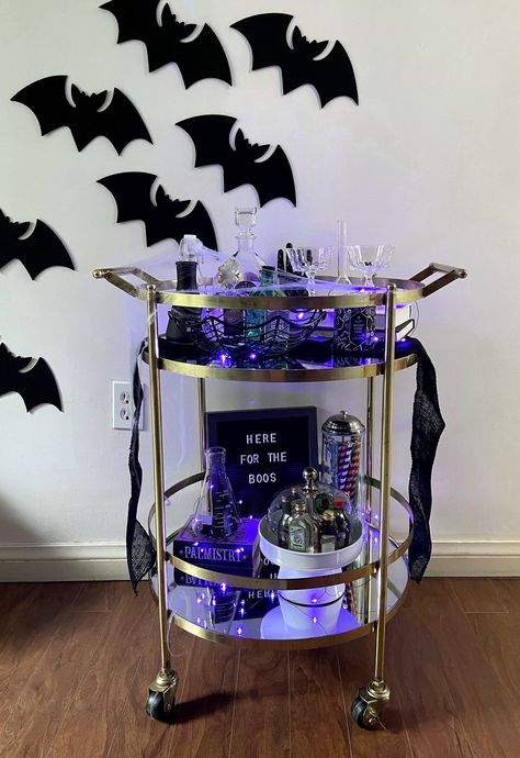 A Spooky Halloween Bar Cart — WHERE WE SUMMER Spooky Bar Cart, Halloween Bar Cart, Pottery Barn Halloween, Crystal Cocktail Glasses, Halloween Straws, Halloween Bar, Blank Bottle, Tea Cart, Bar Cart Styling