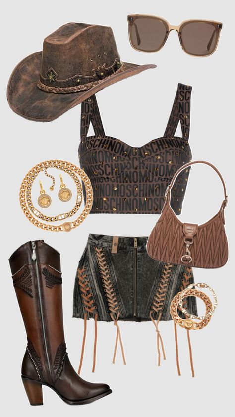 Outfit Inspo! #outfitinspo #outfit #outfitideas #concert #festival #western #cowgirl #country #countrygirl #aesthetic #aestheticgirl #fashion #fashioninspo #style #cute #brown #black #gold #trendy #fyp Gold Western Outfit, Gold Cowgirl Outfit, Brown Cowgirl Outfit, Black Cowgirl Aesthetic, Cowgirl Festival Outfit, 2000s Fashion Trends, Black Cowgirl, Ibiza Outfits, Looks Country