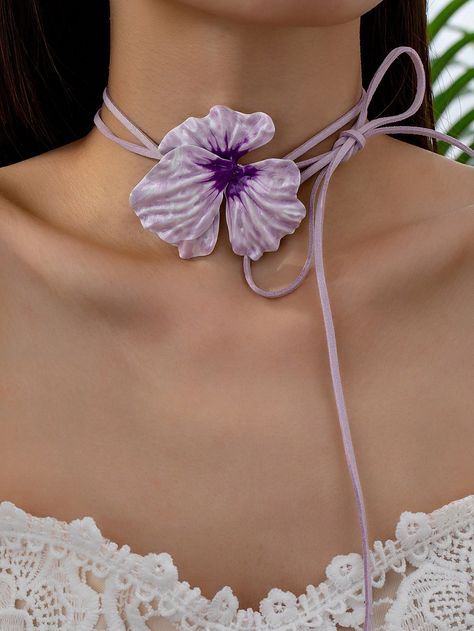 1 Pc Enameled Floral Flower Choker Necklace For Women Purple Vacation   Textile     Women Fashion Jewelry, size features are:Bust: ,Length: ,Sleeve Length: Flower Choker Necklace, Purple Collar, Flower Choker, Womens Chokers, Velvet Choker, Watches Women Fashion, Floral Flower, Necklace For Women, Floral Flowers