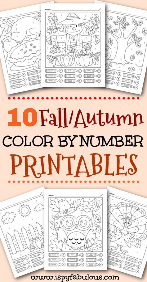 These adorable fall and autumn themed color by number printables are full of fun and festive fall themed art like pumpkins, scarecrows, owls, turkeys and more. With easier backgrounds designed to be less overwhelming for young artists, these promote number and color recognition, too! #colorbycode #colorbynumber #fallworksheets #fallcoloringpages October Color By Number, Fall Color By Number Printable Free, Thanksgiving Color By Number Free, Color By Number Fall Printable Free, Fall Color By Number Kindergarten, Fall Art Activities, Halloween Color By Number Kindergarten, Color By Number Printable Free, Fall Color By Number