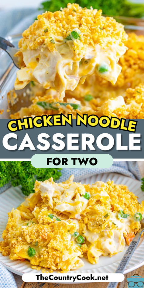 This Chicken Noodle Casserole for Two is a simple dinner made with egg noodles that are lathered in a cream sauce along with veggies and topped with buttery cracker crumbs! Grandmas Egg Noodles Recipes, Chicken Casserole Recipes Rotisserie, Cream Of Chicken Noodle Casserole, Easy Chicken And Egg Noodles Recipe, Easy Egg Noodle Recipes Dinners, Chicken Egg Noodle Recipes, Egg Noodle Dinner Recipes, Egg Noodle Recipes Easy, Chicken Egg Noodles Recipes