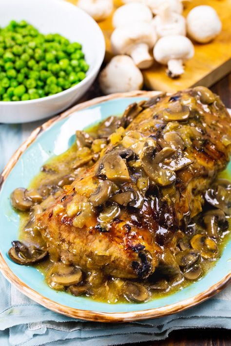 Roasted Pork Loin with Mushroom Gravy - Spicy Southern Kitchen Pork Loin Recipes Mushrooms, Pork Loin And Mushroom Recipes, Pork Loin Mushroom, Roasted Pork Tenderloin Recipes, Roasted Pork Loin, Crockpot Pork Loin, Spicy Southern Kitchen, Pork Loin Roast Recipes, Pork Entrees