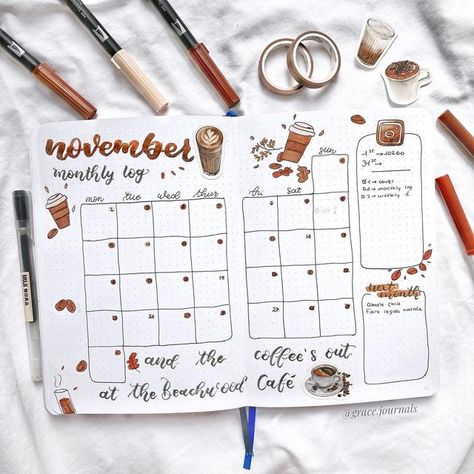 Pie Bujo Theme, Coffee Bujo Theme, Bujo Coffee Theme, Bujo Monthly Log, Coffee Bujo, November Bujo, Autumn Bullet Journal, Bujo Monthly Spread, Journal November