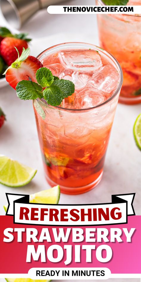 Refreshing and with just the right amount of sweetness, these fruity Strawberry Mojitos are loaded with sweet strawberries, rum, and fresh mint making them the perfect summer cocktail for a hot day! Fresh Strawberry Drinks Alcohol, Strawberry Rum Cocktails, Strawberry Coconut Mojito, Strawberry Mint Mojito Recipe, Strawberry Rum Drinks, Easy Strawberry Mojito Recipe, Strawberry Mint Mojito, Strawberry Alcohol Drinks, Strawberry Mojitos