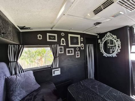 Goth Caravan, Gothic Rv Interior, Gothic Trailer Home, Goth Trailer Home, Gothic Rv Decor, Dark Rv Interior, Goth Camper Interior, Gothic Camper Interior, Witchy Rv Remodel