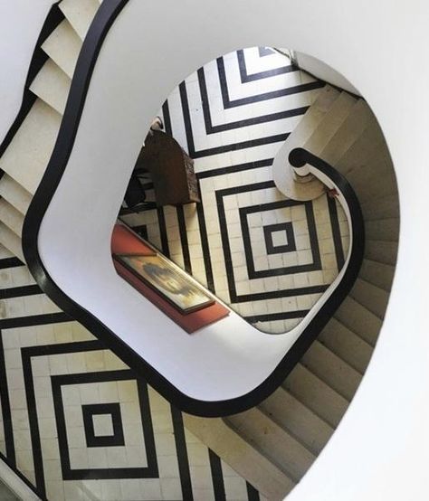 Black and white tiled staircase in Havana: Remodelista Tiled Staircase, Arte Art Deco, Escalier Design, Take The Stairs, Stair Steps, Interior Stairs, Stairway To Heaven, Spiral Staircase, Staircase Design