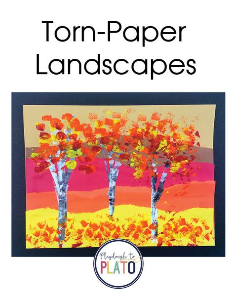 Torn Paper Landscapes! A gorgeous autumn art project for preschool and kindergarten kids this fall! Find all the instructions on Playdough to Plato.  - #freeartlessons #artforkids #playdoughtoplato First Grade Crafts Fall, Autumn Art Kindergarten, Kindergarten Art Class Projects, Pre K Fall Art, First Grade Fall Art Projects, Fall Crafts For First Grade, Fall Crafts First Grade, First Grade Fall Crafts, First Grade Fall Art