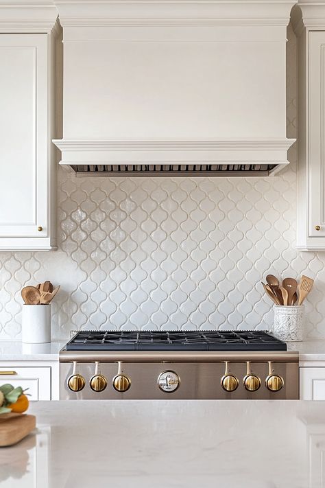 Transitional Kitchen Tile Backsplash, Tile Over Stove Accent, Herringbone Tile Behind Stove, Backsplash Countertop Combination, Herringbone Backsplash Kitchen, Neutral Backsplash Kitchen, Neutral Backsplash, White Kitchen Backsplash, Star Tile