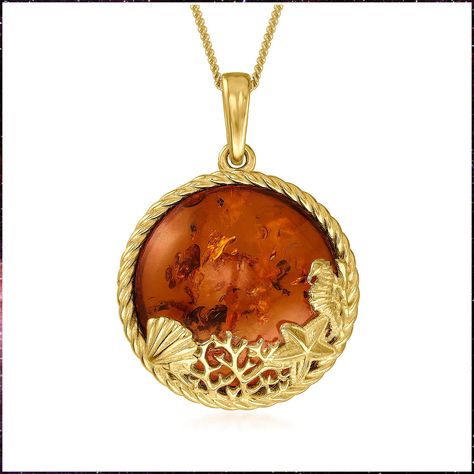 Amber Sea Life Pendant Necklace in 18kt Gold Over Sterling. 18 inches Amber Heart, Amber Necklace, Sterling Jewelry, Station Necklace, Fine Jewellery Necklace, Dainty Necklace, Curb Chain, Traditional Chinese, Color Themes