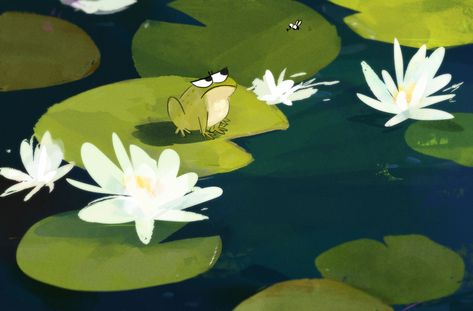 Patterned Desktop Wallpaper, Frog In Pond Illustration, Frog Digital Art, Frog Wallpaper Laptop, Frog Laptop Wallpaper, Frog Wallpaper Desktop, Pond Art, Froggy Stuff, Parking Spot Painting