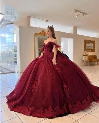 Red Off Shoulder Dress Princess Sweetheart Gothic Glitter Vestidos 16 Ball Gowns  | eBay Burgundy Quince Dresses, Dark Red Quinceanera Dresses, Red Sweet 16 Dresses, Red Quince Dress, Red Princess Dress, Quinceanera Red, Burgundy Quinceanera Dresses, Quinceanera Dresses Red, Xv Dresses