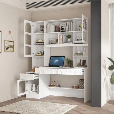 Home Office Bookshelf Spacious Multi-Section Workstation Desk - 62.4"x79.1undefined - On Sale - Bed Bath & Beyond - 40157085 Modern Library Room, Desk Bookshelf Combo, Library Room Decor, Library Room Design, Home Office Bookshelf, White Writing Desk, Office Bookshelf, Workstation Desk, Home Library Rooms