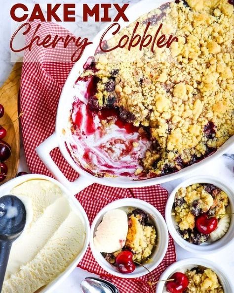 Looking to make a cake mix cherry cobbler, but want to do it without syrupy pie filling? My lighter version substitutes fresh or frozen cherries instead of pie filling and uses a sugar-free cake mix. The flavor is incredible in this cherry cobbler with cake mix! || Delightful E Made Cake Mix Cherry Cobbler, Fresh Cherry Cobbler Recipe, Fresh Cherry Cobbler, Cake Mix Cobbler, Cherry Dump Cake Recipe, Cherry Cobbler Recipe, Cherry Dump Cake, Canning Cherry Pie Filling, Sugar Free Cake