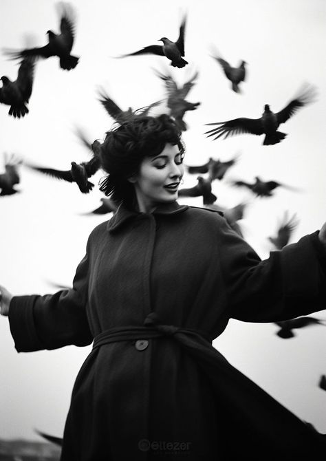 Birds Photography, Photo Woman, Flock Of Birds, Aesthetic Things, Dark Gothic, Photography Portrait, Bird Photography, Vintage Coat, Nice Design