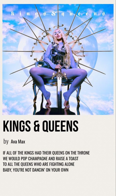 minimal poster of the song kings & queens by ava max Ava Max Album Cover, Ava Max Songs, Ava Max Poster, Ava Max Kings And Queens, Ava Max Aesthetic, Spotify Diy, Sarah Aesthetic, Nostalgic Songs, Music Cards