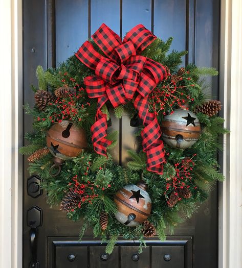 Christmas Wreaths Bells, Christmas Wreaths Buffalo Plaid, Christmas Farmhouse Wreaths For Front Door, Wreath With Bells Christmas, Costco Christmas Wreath, Rustic Farmhouse Christmas Wreath, Christmas Wreath Buffalo Plaid, Buffalo Christmas Wreath, Christmas Wreath With Sign