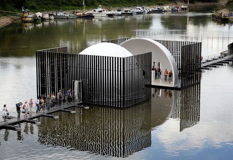 mobile domed bridge splits in half to form both separate and shared spaces Water Pavilion, Architecture Art Nouveau, Water Architecture, Floating Architecture, Street Installation, Pavilion Design, Genius Loci, Bridge Design, Floating House