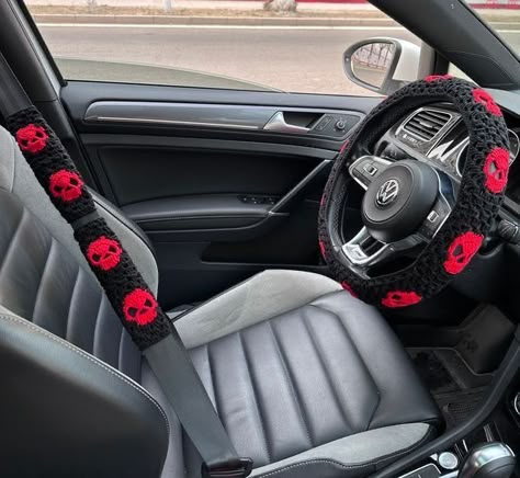 Car Aesthetic Emo, Scream Car Accessories, Wheel Covers Steering, Emo Car Accessories, Alt Car Decor, Spooky Car Decor, Emo Car Decor, Gothic Car Decor, Goth Car Decor