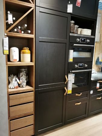 Black Ikea Kitchen, Ikea Lerhyttan, White Ikea Kitchen, Ikea Black, Stained Cabinets, Home Bar Ideas, Cabinets With Glass Doors, White Oak Kitchen, Staining Cabinets