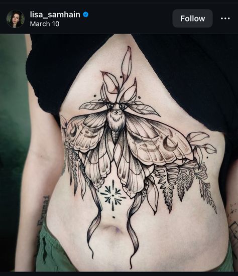 Cottage Core Chest Tattoo, Moth Chest Tattoos For Women, Women’s Tummy Tattoos, Moth Belly Tattoo, Luna Moth Leg Tattoo, Moth Throat Tattoos Women, Chest Tattoo Witchy, Womans Stomach Tattoos, Botanical Moth Tattoo