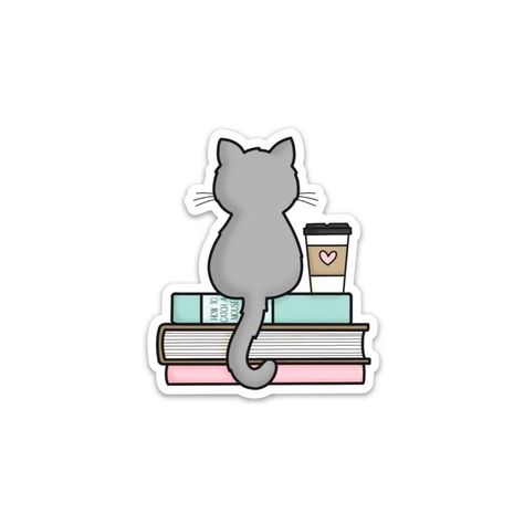 Cat And Books Drawing, Reading Stickers Aesthetic, Book Printing Design, Doodles For Stickers, Book Sticker Ideas, Cat Stickers Aesthetic, Sticker Book Ideas, Book Stickers Printable, Cats Books And Coffee