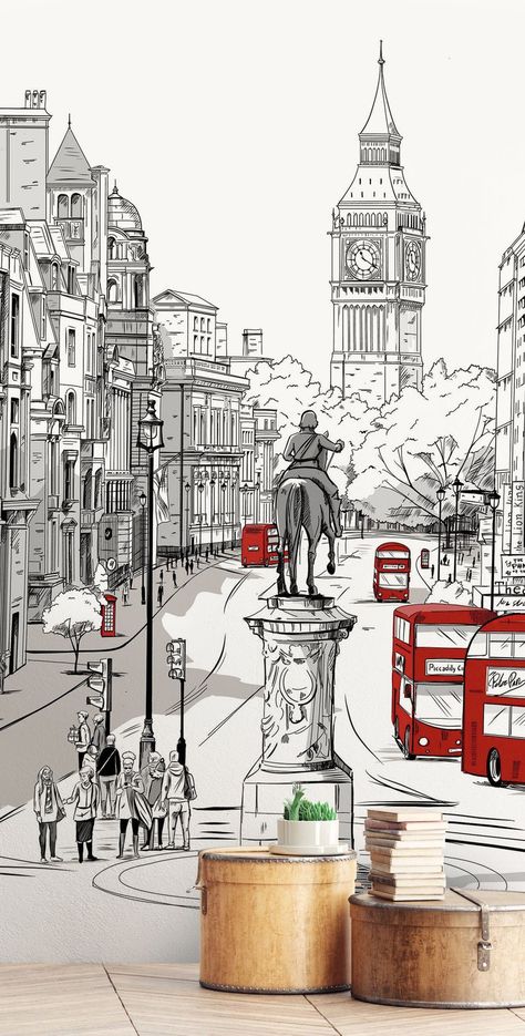 LONDON WALLPAPER MURAL Big Ben mural Red Bus British London | Etsy Wallpaper Cityscape, Nyc Murals, Cityscape Mural, British Wallpaper, Skyline Mural, London Sketch, London Drawing, London Cityscape, London Theme