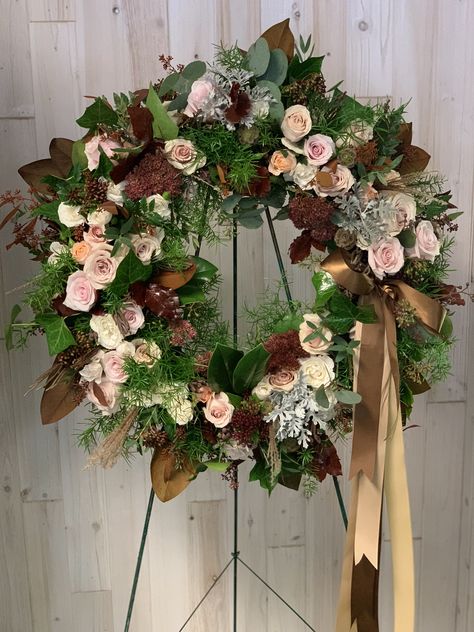 Sympathy Wreath, Flowers And Vases, Sympathy Arrangements, Hypericum Berries, Dusty Miller, Magnolia Leaves, Floral Wreaths, Celebration Of Life, Magnolia