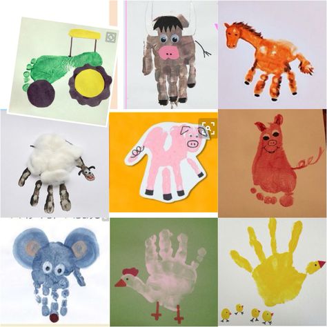 Farm Animal Handprints, Farm Animals Handprint Craft, Hand Print Farm Animals, Farm Art Activities For Toddlers, Handprint Farm Animals Preschool, Farm Animal Art For Infants, Farm Handprint Art, Farm Animals Art Activities, Farm Animal Footprint Art