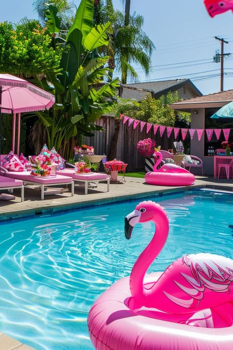 30th Pool Party, 40th Birthday Pool Party Ideas, Pool Party Theme Ideas, Girly Pool Party, Summer Pool Party Ideas, Retro Pool Party, Pink Pool Party, Pool Party Theme, Flamingo Pool Party