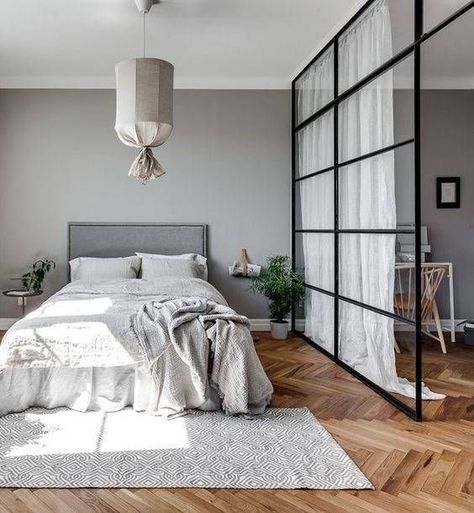 a large black frame glass partition that separates the bedroom and home office, and there's a curtain for more privacy Glass Partition Wall, Diy Room Divider, Room Divider Curtain, Apartment Bedroom Decor, Glass Partition, Studio Room, Trendy Bedroom, Tiny Bedroom, Studio Apartment Decorating