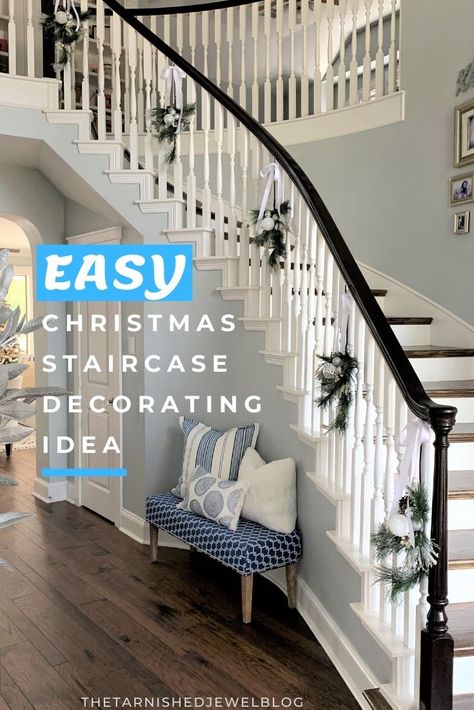 Looking for a quick (& cheap) way to decorate your stairs for the Holidays? Try Easy Christmas Staircase Decorating Idea: Pine Sprays by thetarnishedjewelblog.com #christmasdecoration #christmasdecoratingideas #christmasdecorationsdiy #christmasdecoratingideasonabudget #christmasgreenery #christmasgarland #holidaydecorating #christmasholidays #christmashomedecor #christmashomedecordiy #christmashomedecorating #christmashomedecorideas Decorate Stairs For Christmas, Stairwell Christmas Decor, How To Decorate Stairs For Christmas, Decorating Stairs For Christmas, Diy Projects Garage, Christmas Banister, Stairs Makeover Ideas, Christmas Stairs Decorations, Christmas Staircase Decor