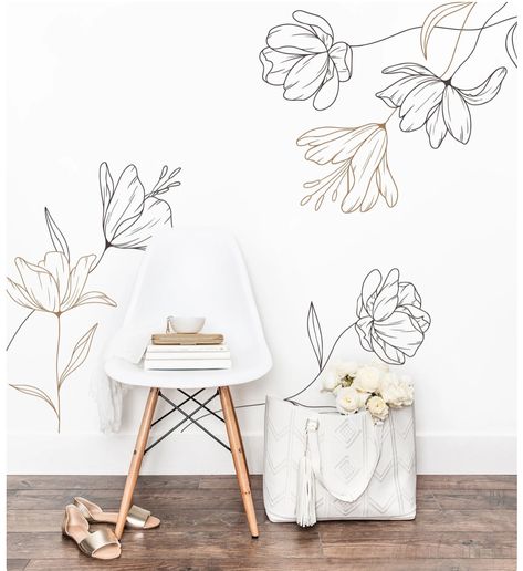 Stick On Wall Decals, Wall Vynal Decals, Botanical Wall Decals, Corner Wall Decal, Easy Wall Murals Floral, Decal Wall Art Design, Mom Bathroom, Line Flowers, Modern Wall Stickers